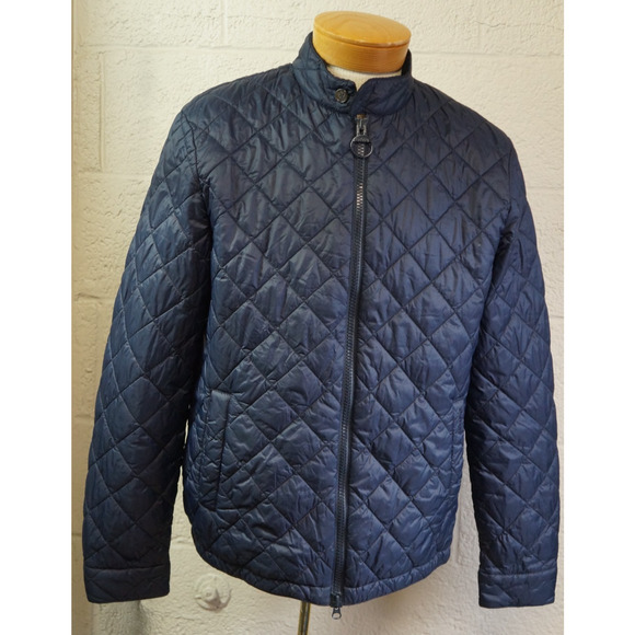 Barbour Harrington Quilted Jacket Mens L Navy Blue Full Zip Tartan Plaid - Picture 1 of 15
